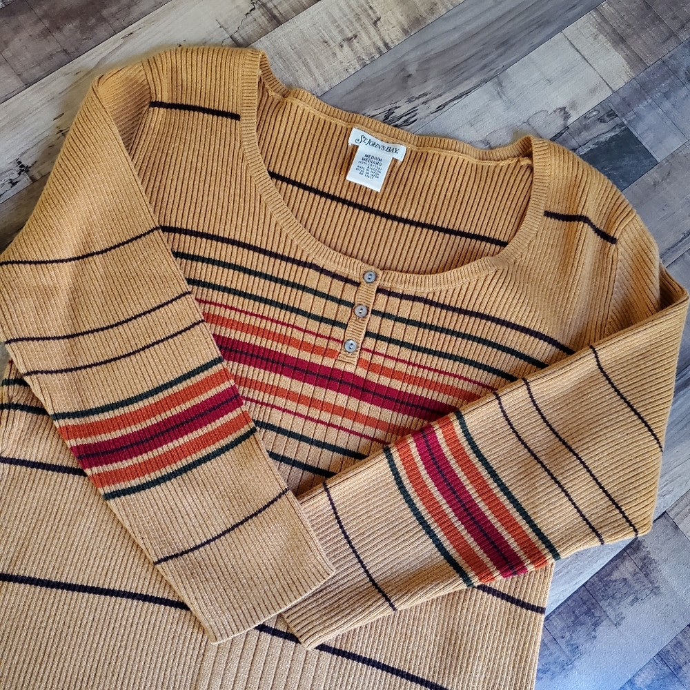 St. John's Bay ribbed 3/4 sleeve striped pullover Henley brown orange top medium